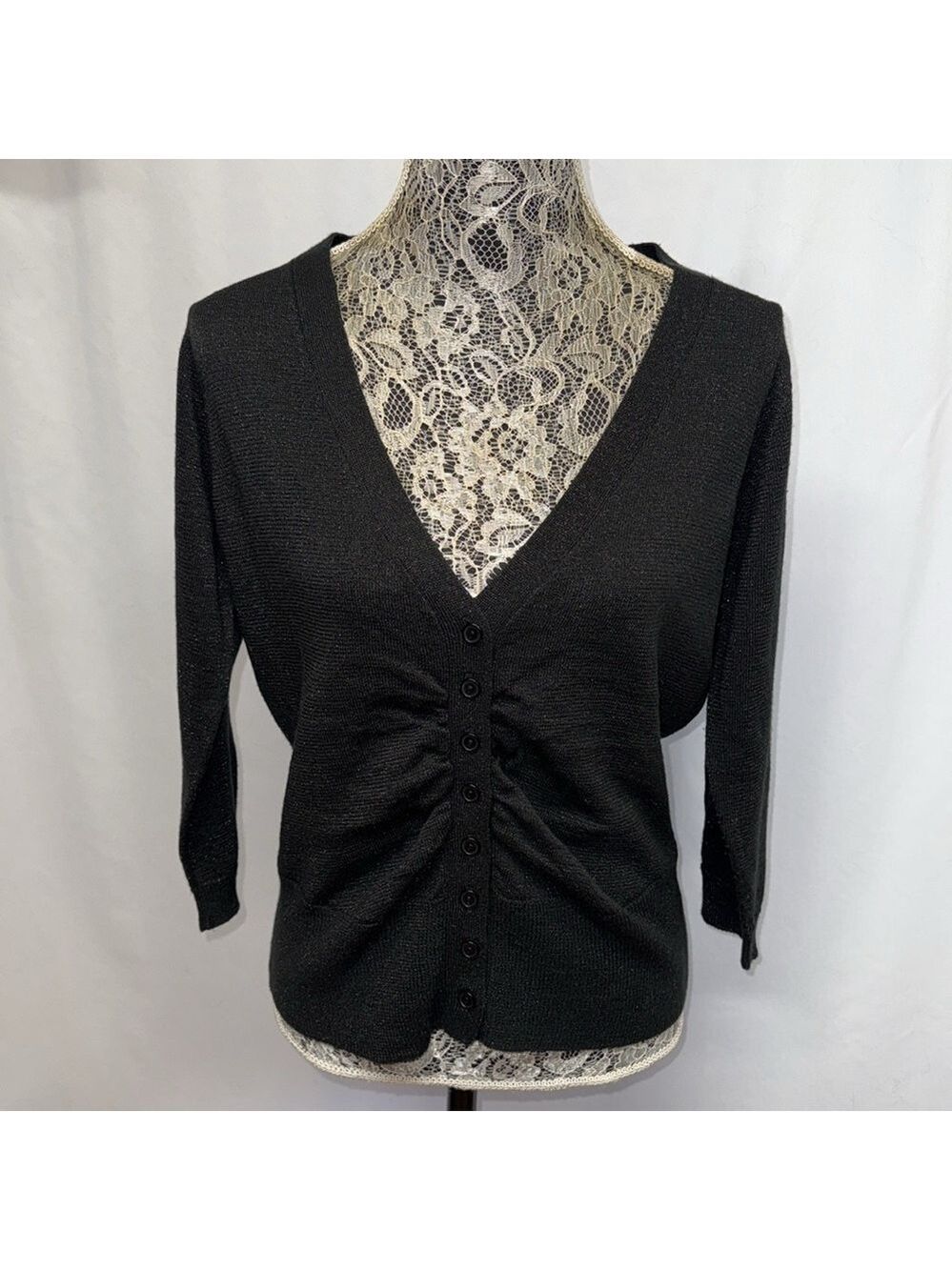 AB Studio L Black Metallic Lurex Ruched Button Front V Neck Cardigan
